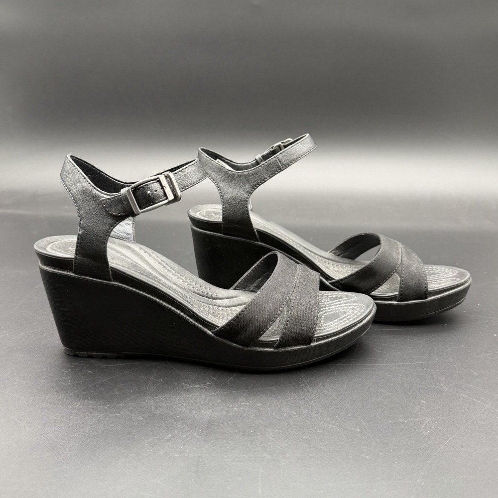 Crocs Leigh II Wedge Sandals Womens Size 9 Black Ankle Strap Comfort Heels NWOT